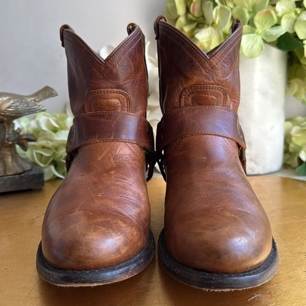 Frye Wyatt Harness Distressed Short Boot in Cognac Leather
